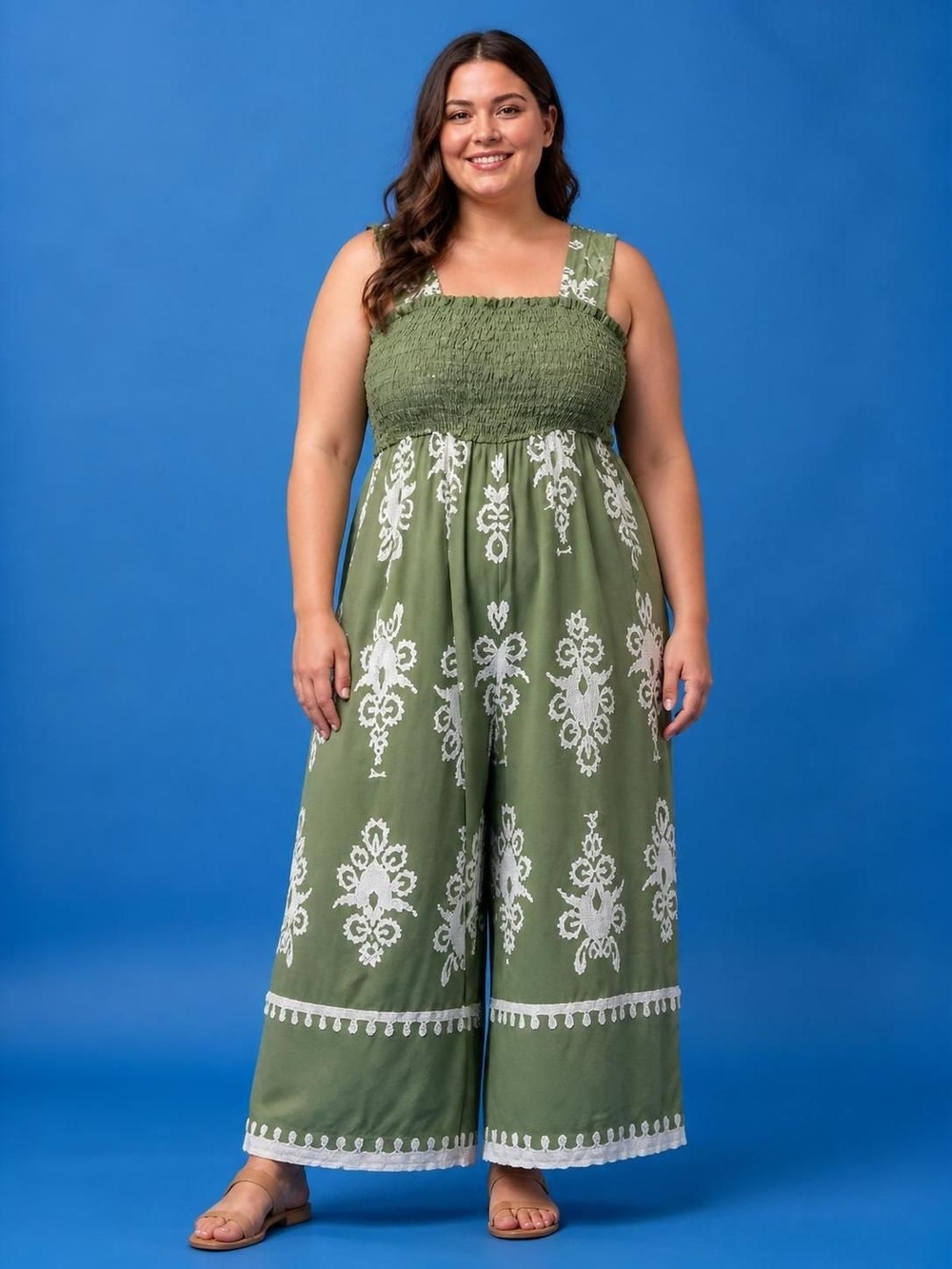 Plus Size 3XL Olive Green Smocked Wide-Leg Jumpsuit